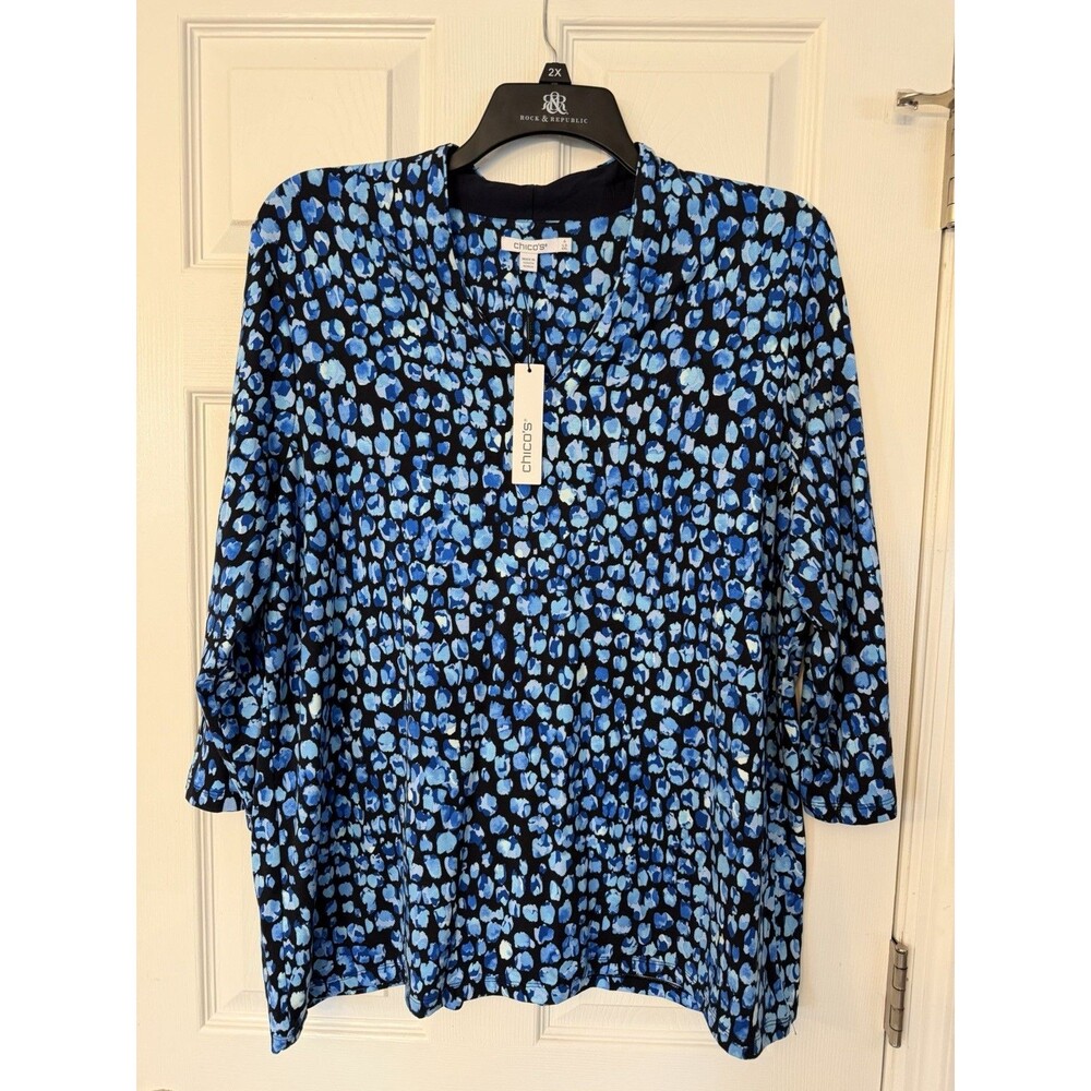 NEW Chico's Touch Pretty Spots Knit Top Navy Blue 3/4 Shirt Size 4 XXL 2X 2XL
